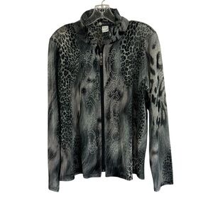 DAMEE Inc Women’s Wire Collar Art to Wear Mixed Print Zip Top Shirt Jacket Sz L